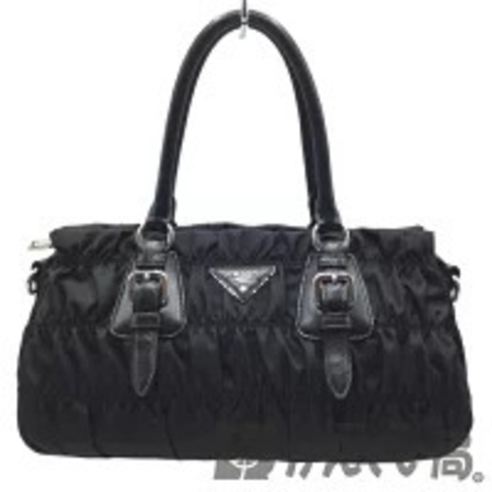 PRADA Tessuto Gaufre Shoulder Bag Gathered Leather Black Crossbody